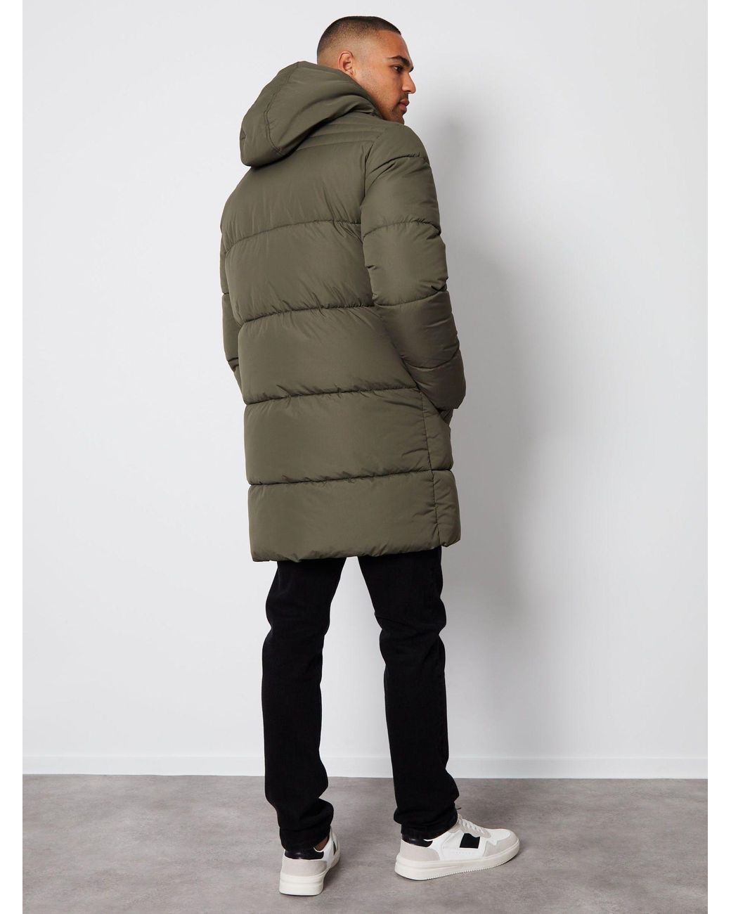 Threadbare Gray Showerproof Hooded Longline Puffer Jacket for men