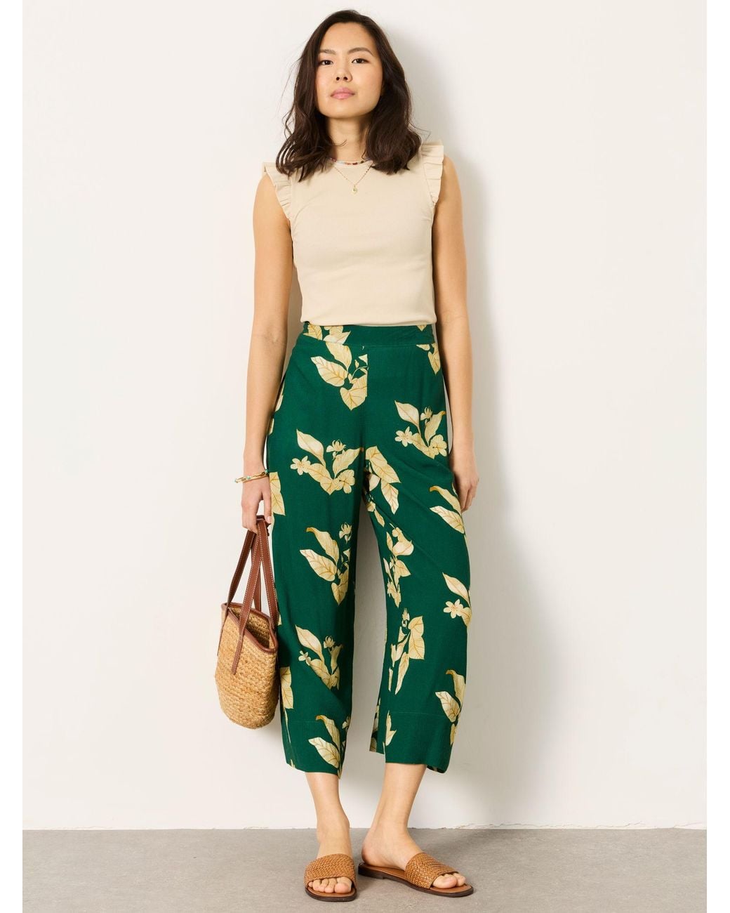 FatFace Green Eliza Wide Leg Cropped Trouser