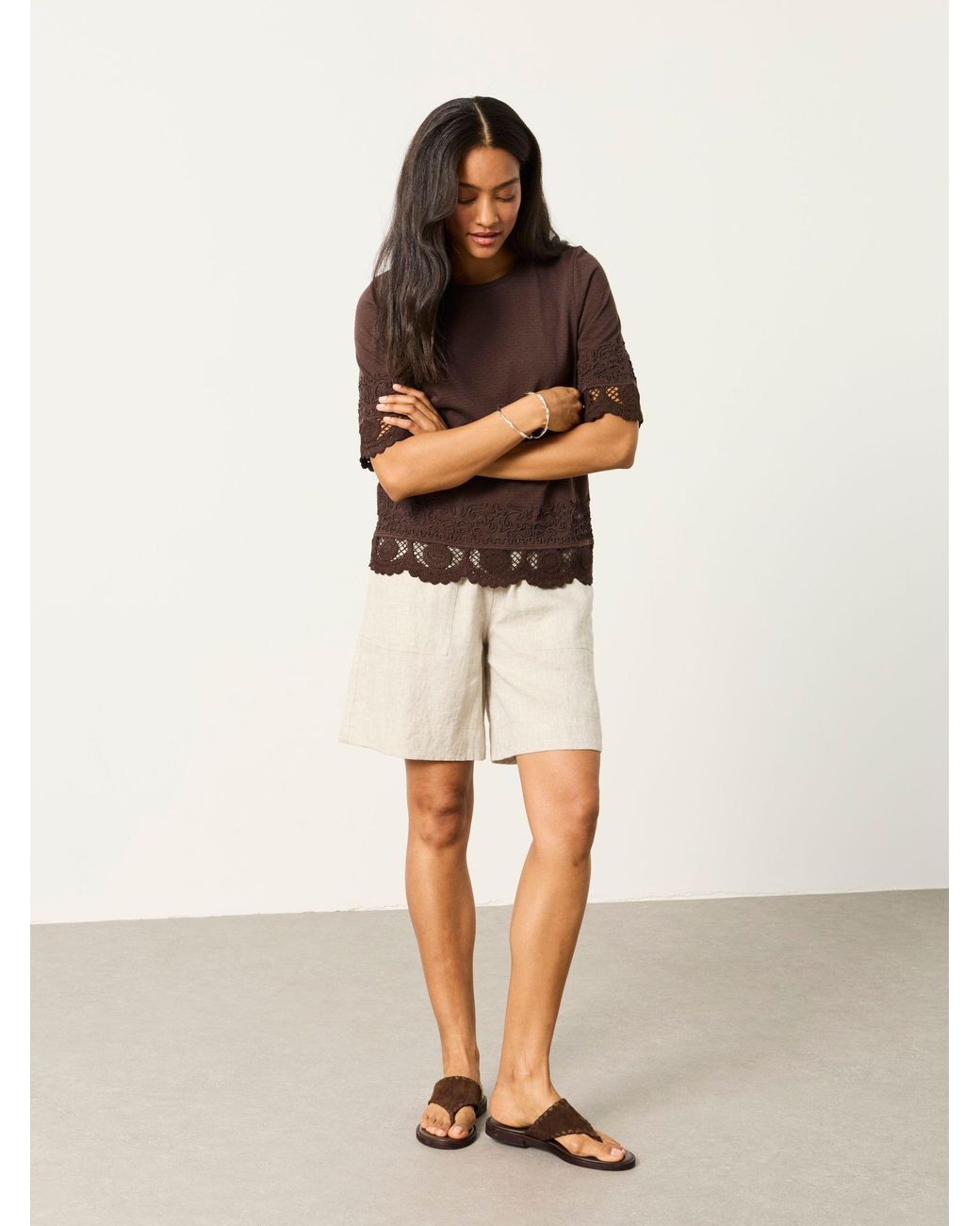 FatFace Brown Chloe Crochet Detail T-Shirt