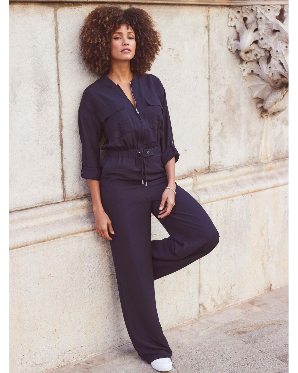 Sosandar Blue Drawstring Waist Jumpsuit