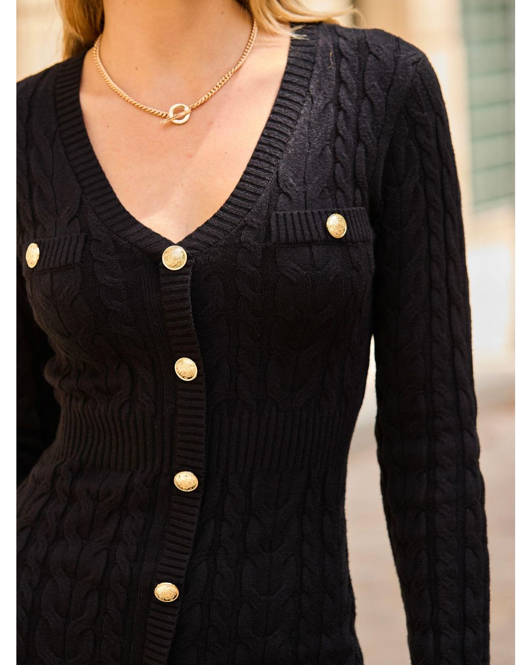 Sosandar Black Button Front Cable Knit Shift Dress
