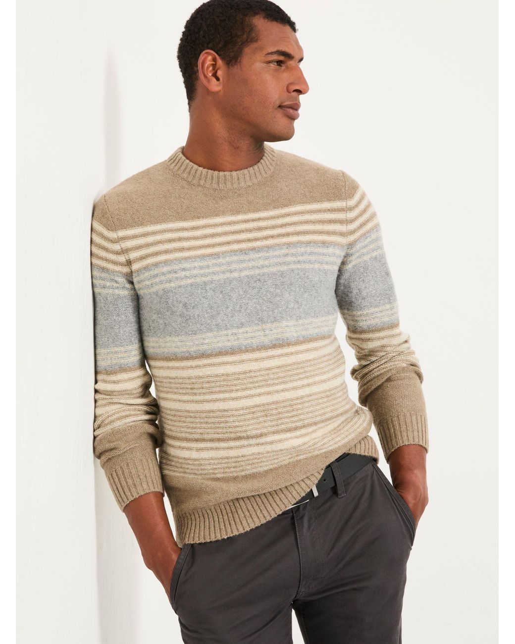 FatFace Gray Calder Stripe Crew Neck Knitted Jumper for men