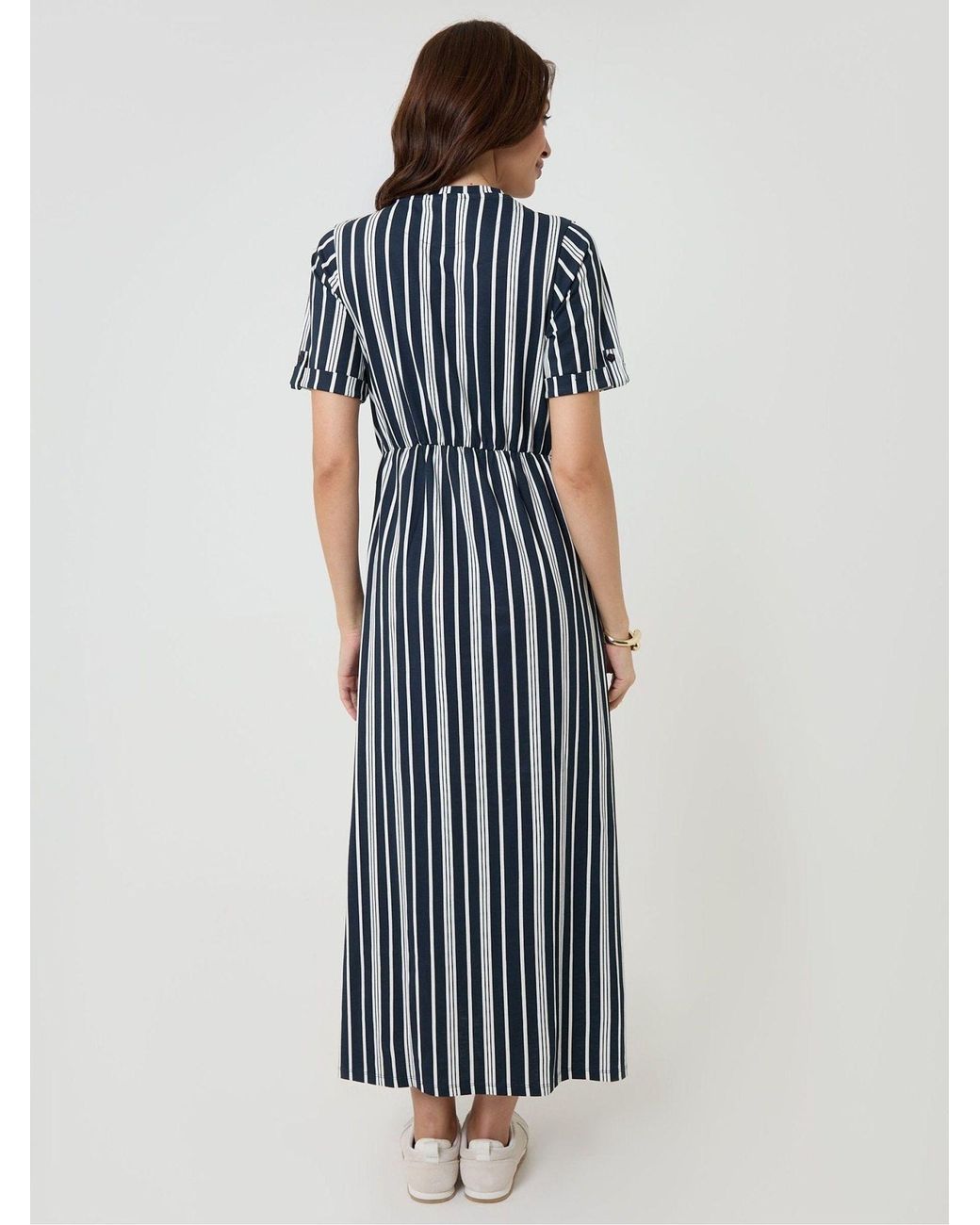 Threadbare Blue Stripey Crew Neck Jersey Midi Dress With Patch Pockets