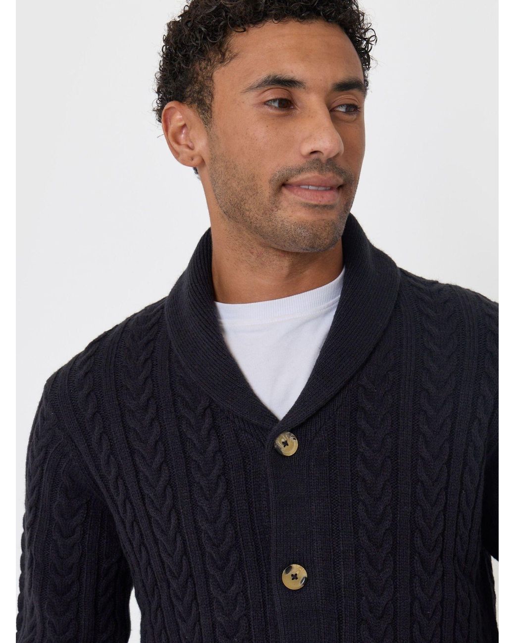 Threadbare Blue Cable Knit Shawl Cardigan for men