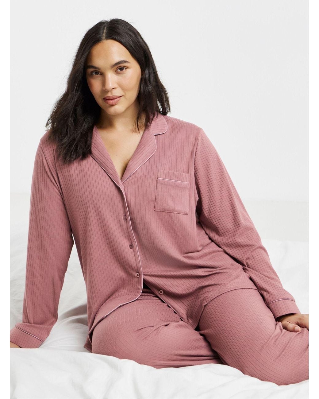 Figleaves Pink Soft Knit Ribbed Pyjamas Set