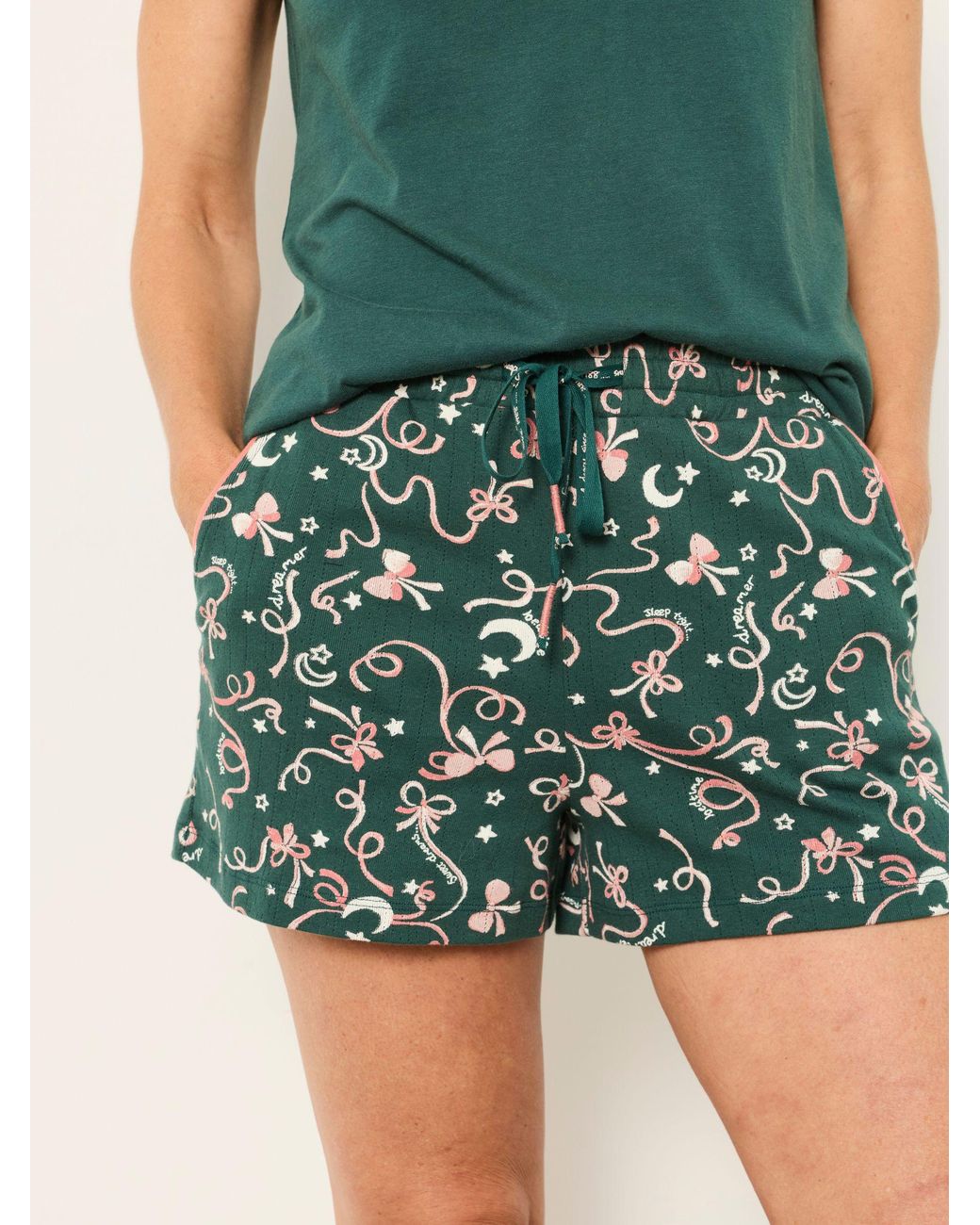 FatFace Green Bow Print Pyjama Set