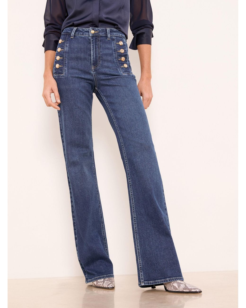 Lipsy Blue Sailor Button Flared Leg Jeans