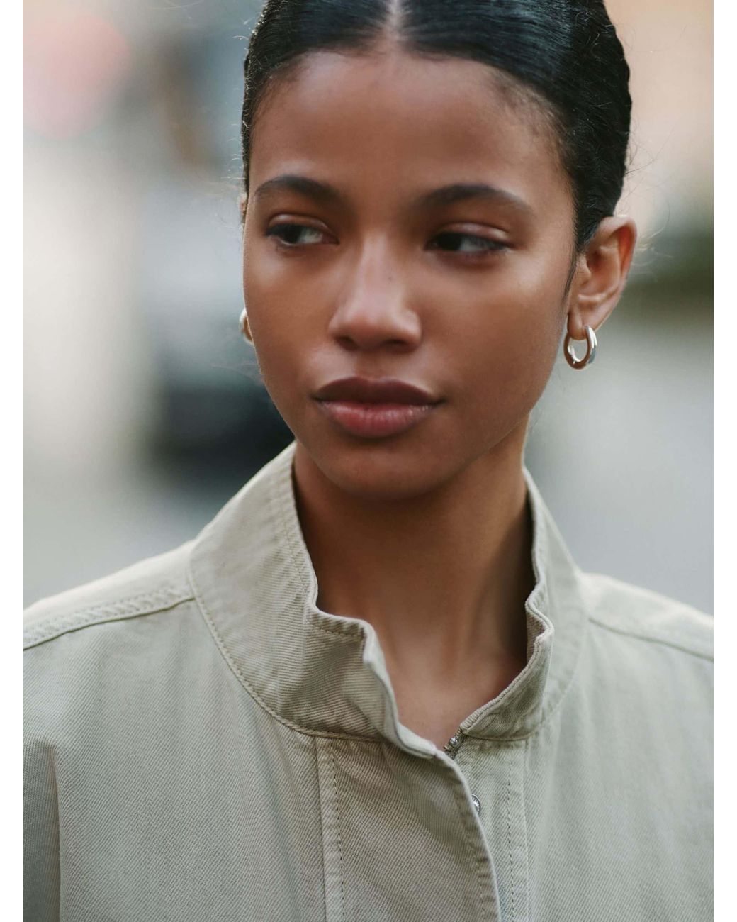 Next Green Khaki Denim Funnel Neck Zip Up Drawstring Jacket