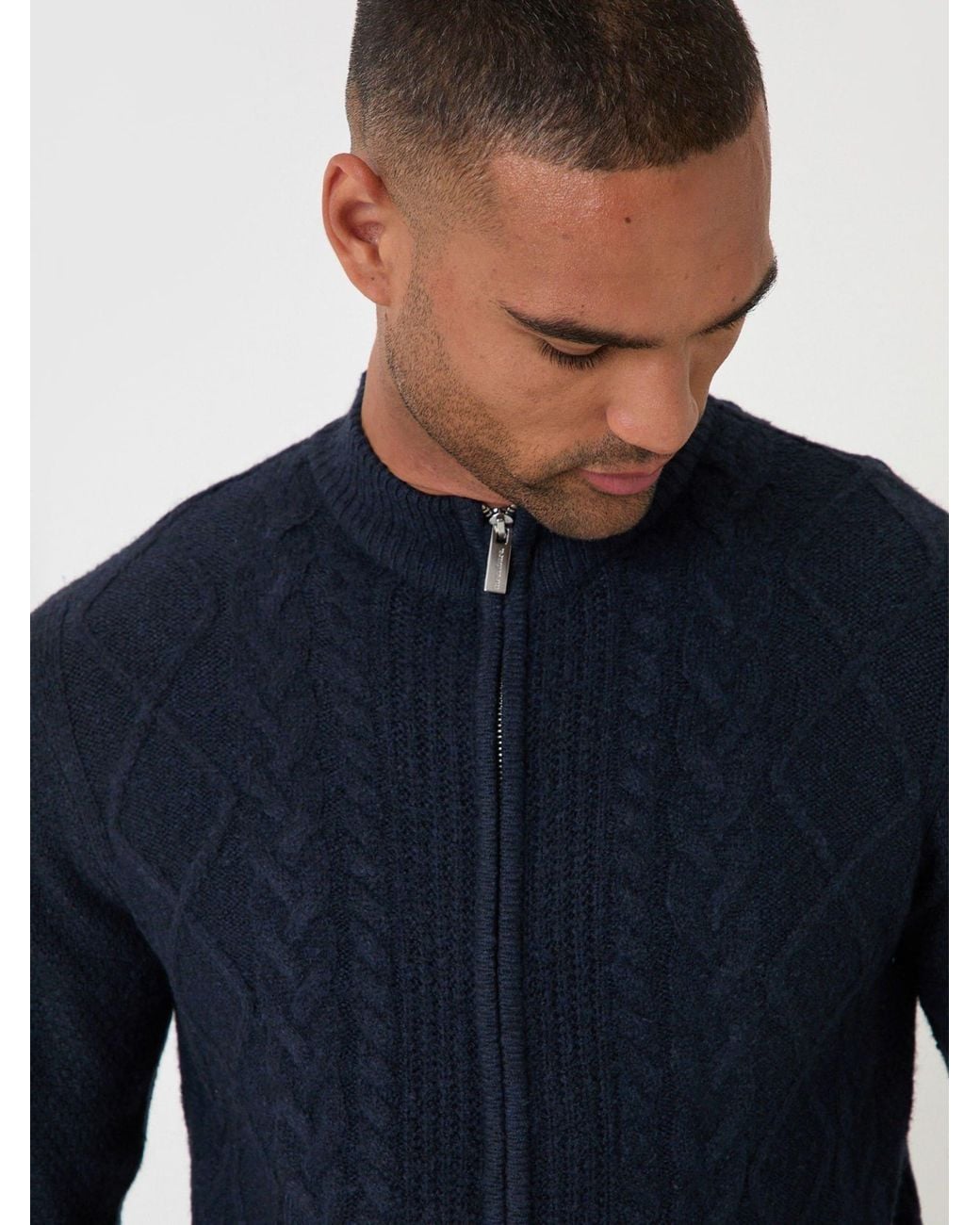Threadbare Blue Cable Knit Zip Through Jumper for men