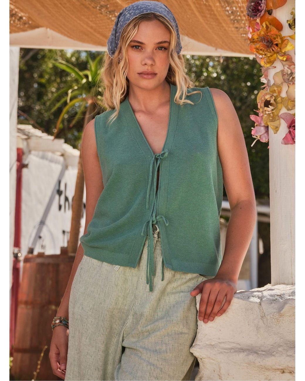 FatFace Green Fia Tie Front Knitted Vest