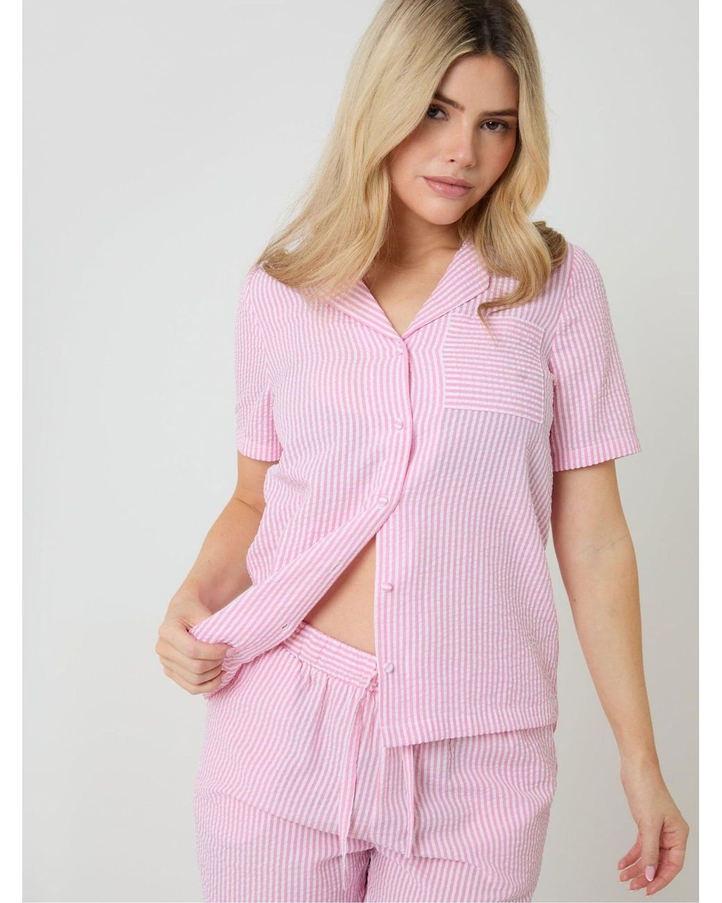 Threadbare Pink Seersucker Button Up Pyjamas Set