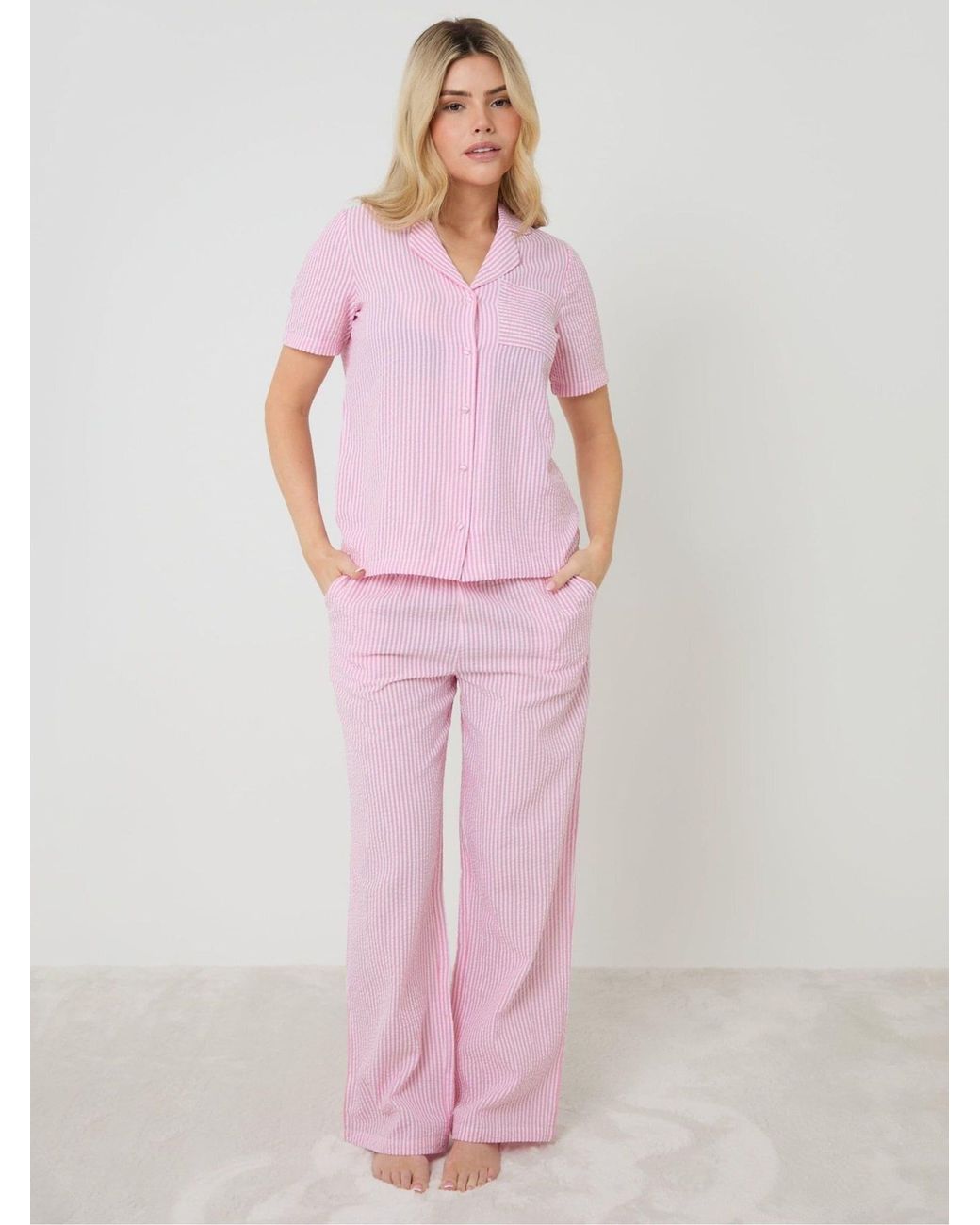 Threadbare Pink Seersucker Button Up Pyjamas Set