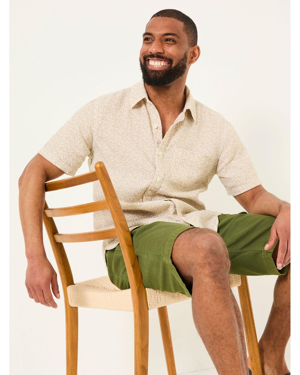 FatFace Natural Short Sleeve Linen Leaf Print 100% Linen Shirt for men