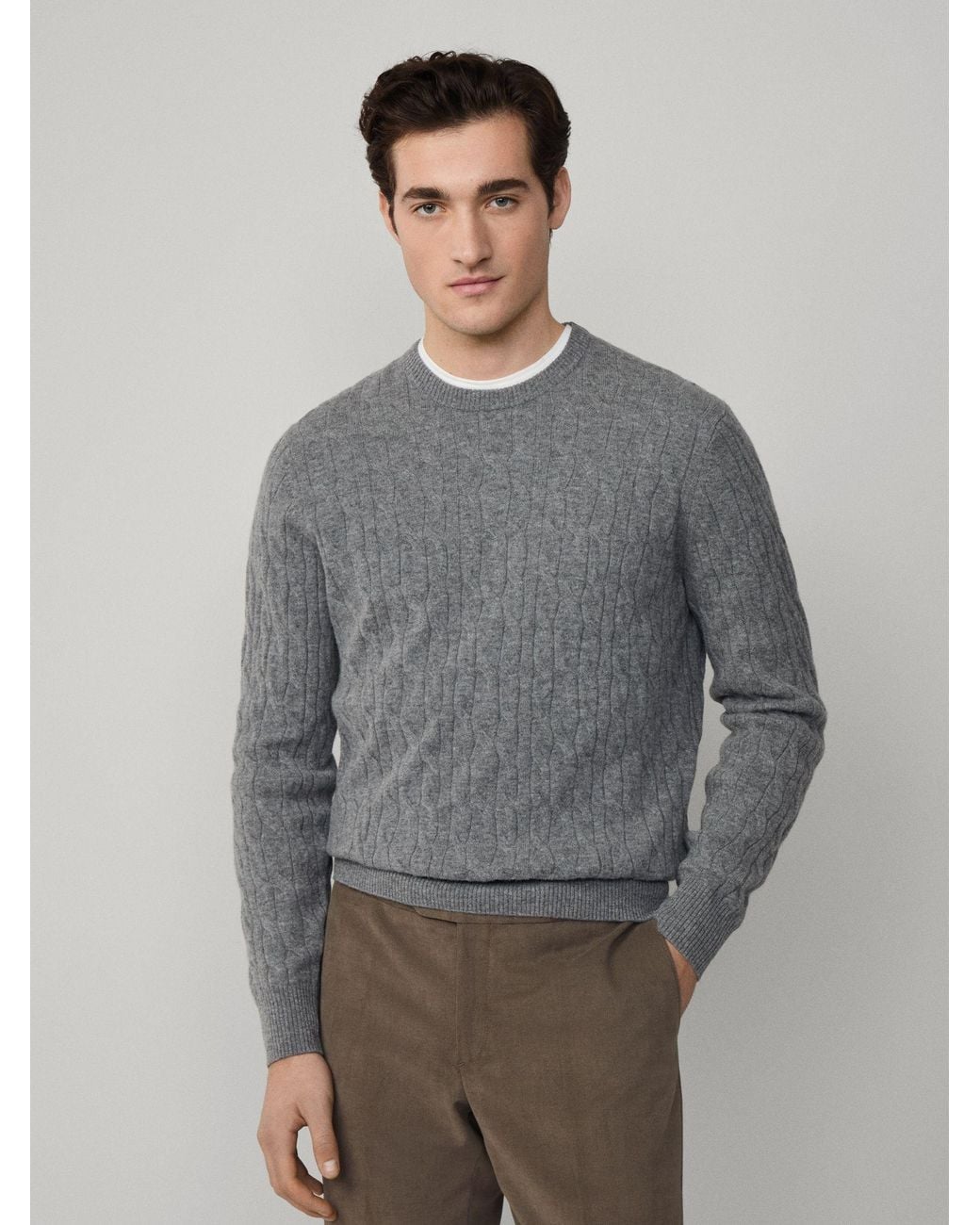 Hackett Gray Lambswool Cable Crew Neck Jumper for men