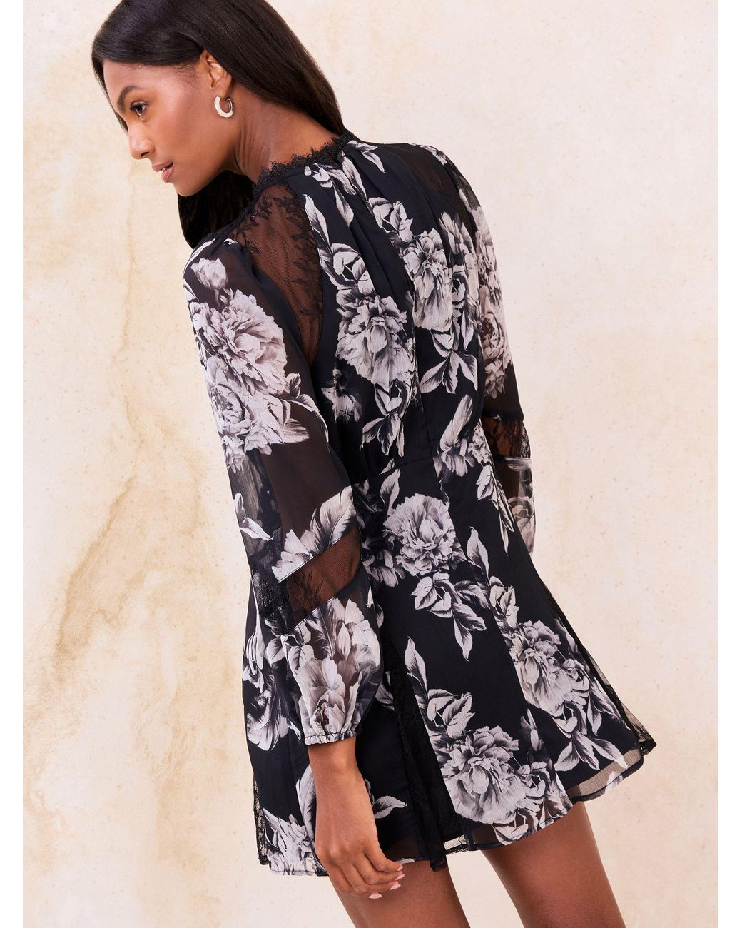 chinese dress ladies Carnation Eyelash Lace Overlay Mock Neck Mini Dress