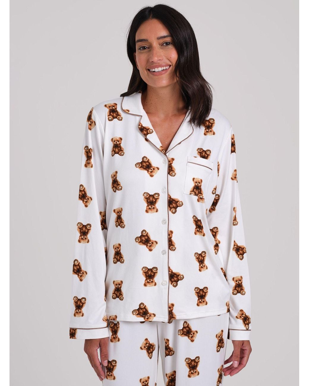 Loungeable White Teddy Bear Super Soft Long Sleeve Button Through Pyjamas Set