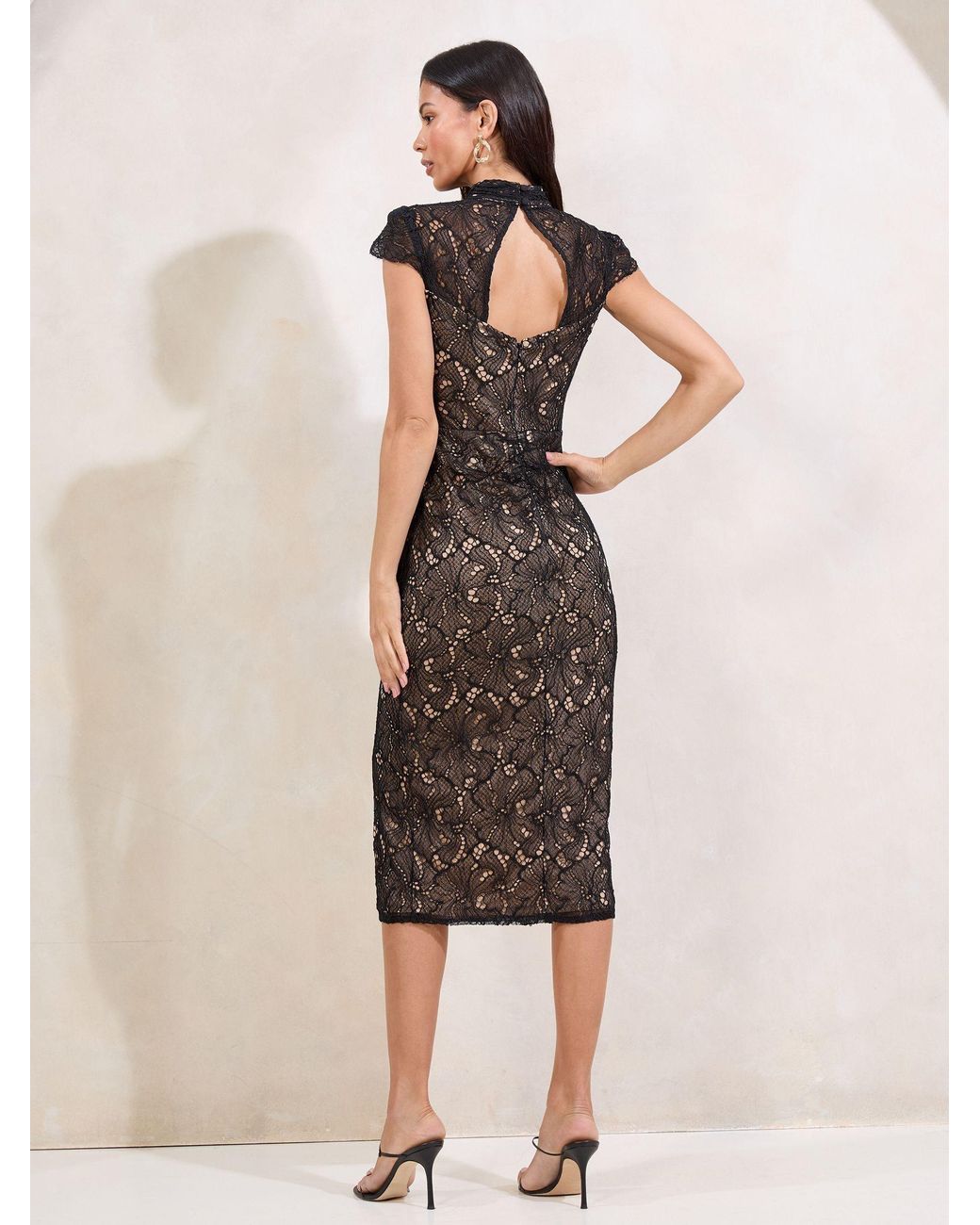 lipsy lace bodycon dress Petite Short Sleeve Midi in Brown Taupe gray