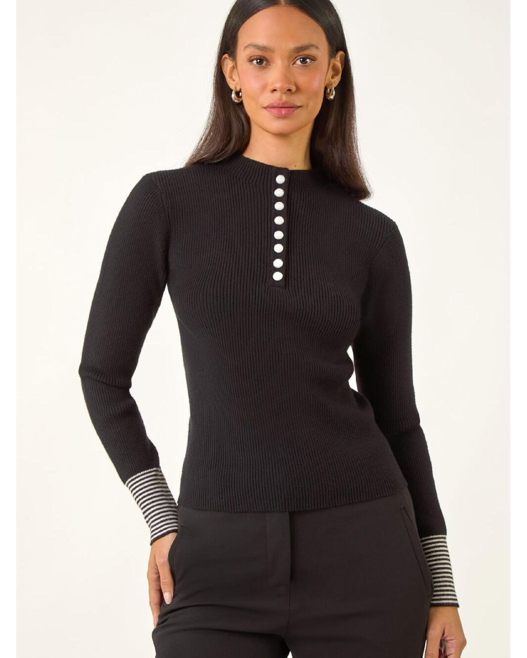 Roman Black Buttoned Ribbed Knit Jumper