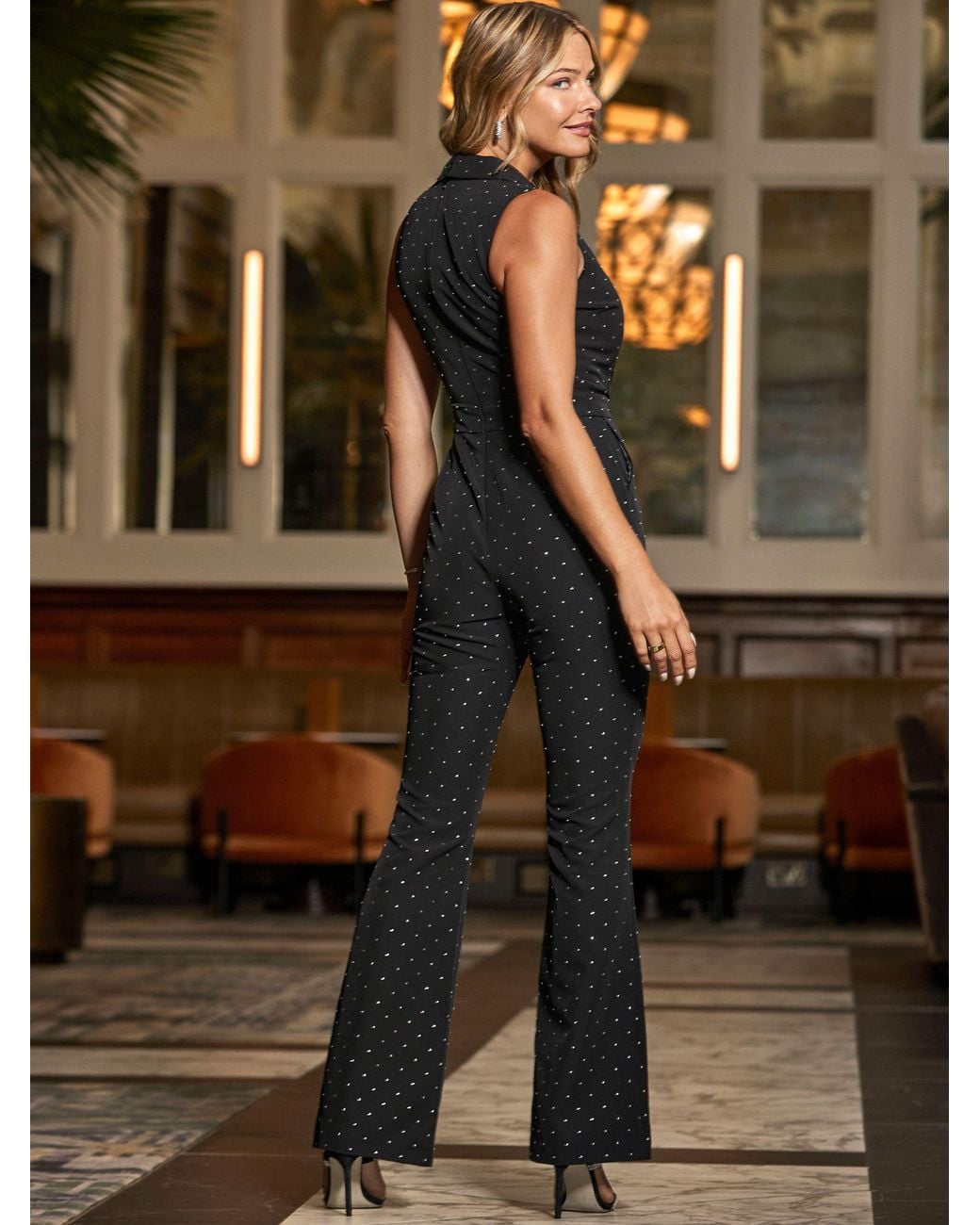 Sosandar Luxury Sparkling Stud Kick Flare Jumpsuit in Brown | Lyst