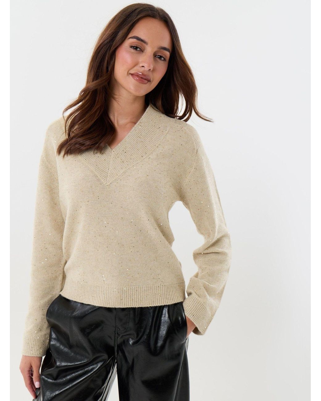 Threadbare Natural Sequin V-Neck Knitted Jumper
