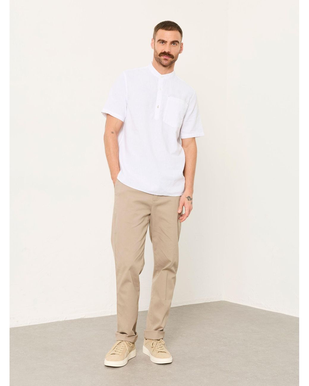 FatFace White Fatface Bugle Short Sleeve Grandad Popover Shirt for men