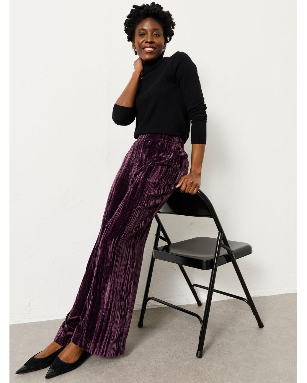 FatFace Purple Hetty Wide Leg Crinkle Velvet Trousers