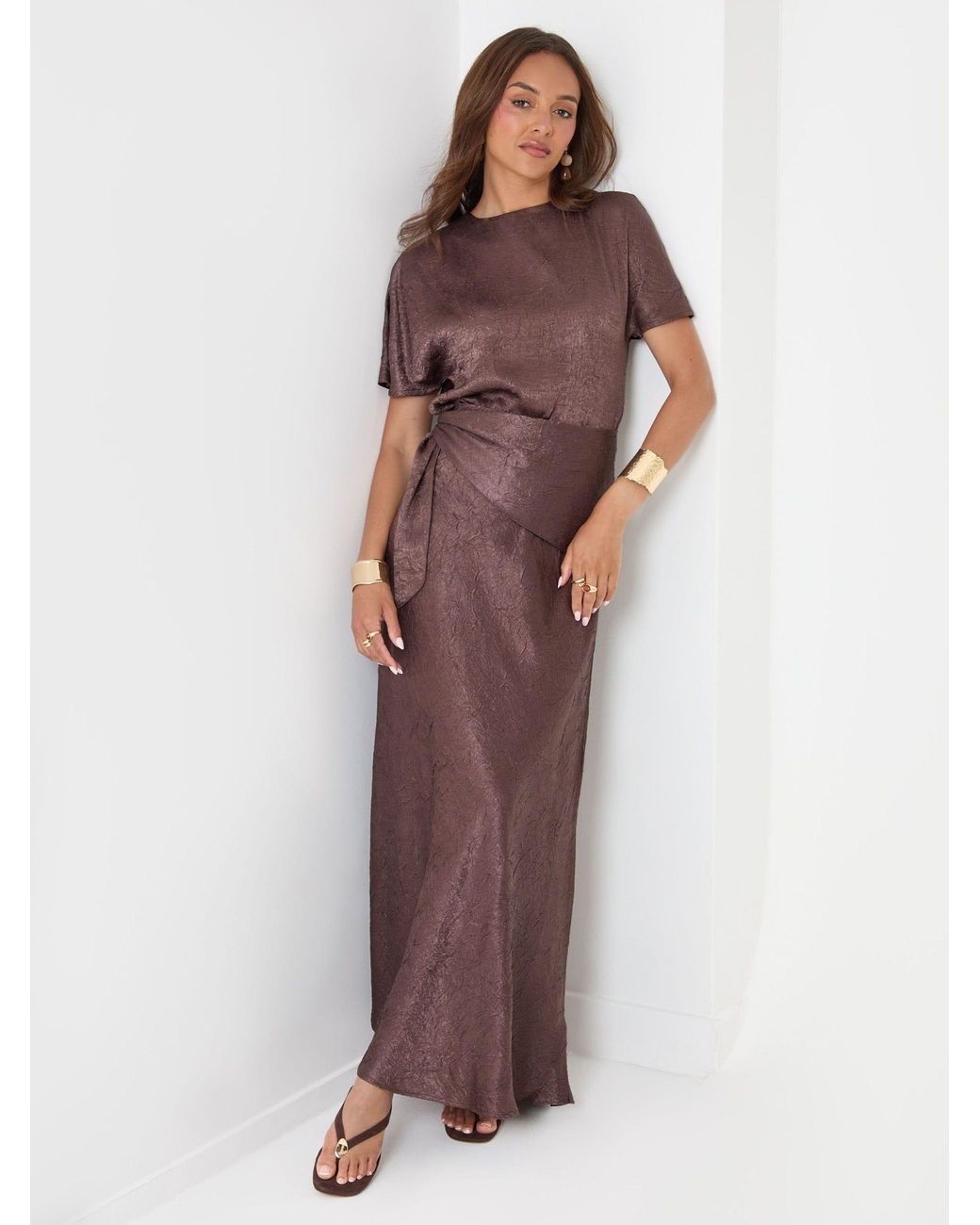 Threadbare Purple Crinkle Satin Wrap Maxi Skirt