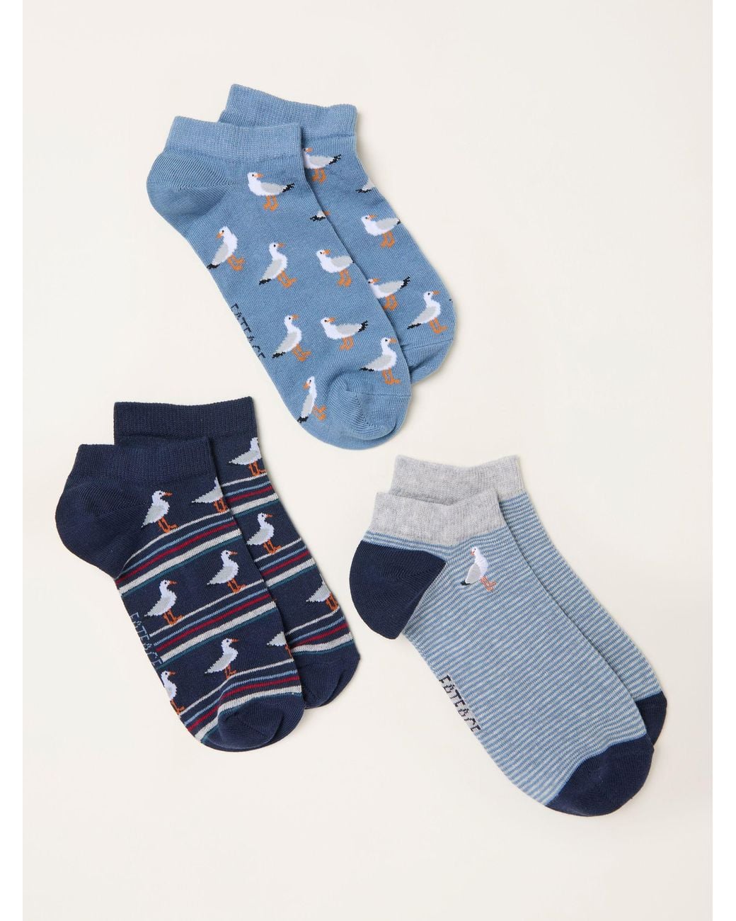 FatFace Blue Fatface 3 Pack Seagull Trainer Socks for men