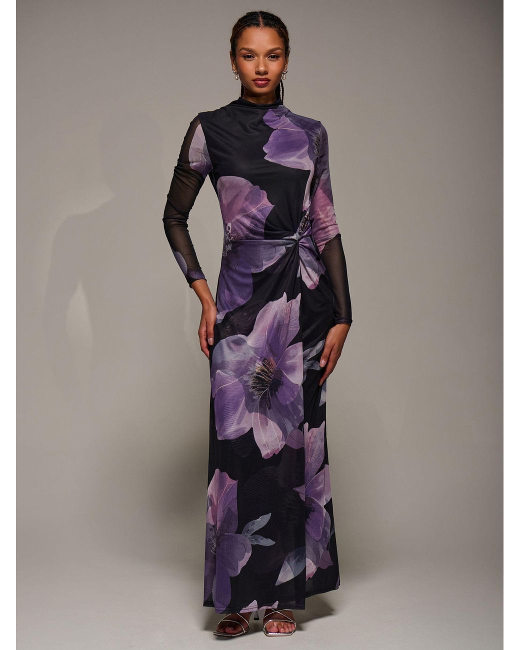 Jolie Moi High Neck Long Sleeve Mesh Maxi Dress in Purple | Lyst