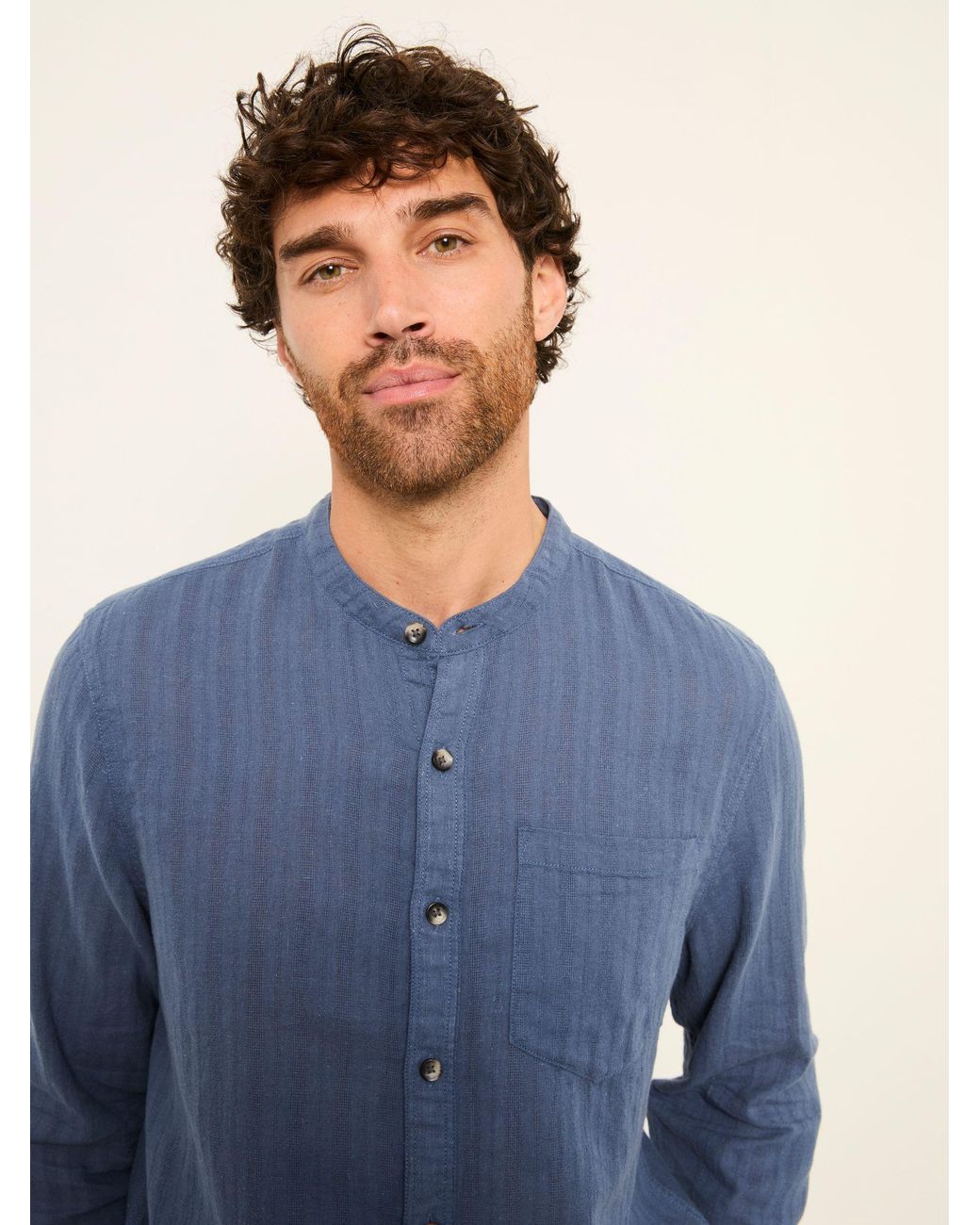 FatFace Blue Bugle Long Sleeve Grandad Linen Cotton Shirt for men