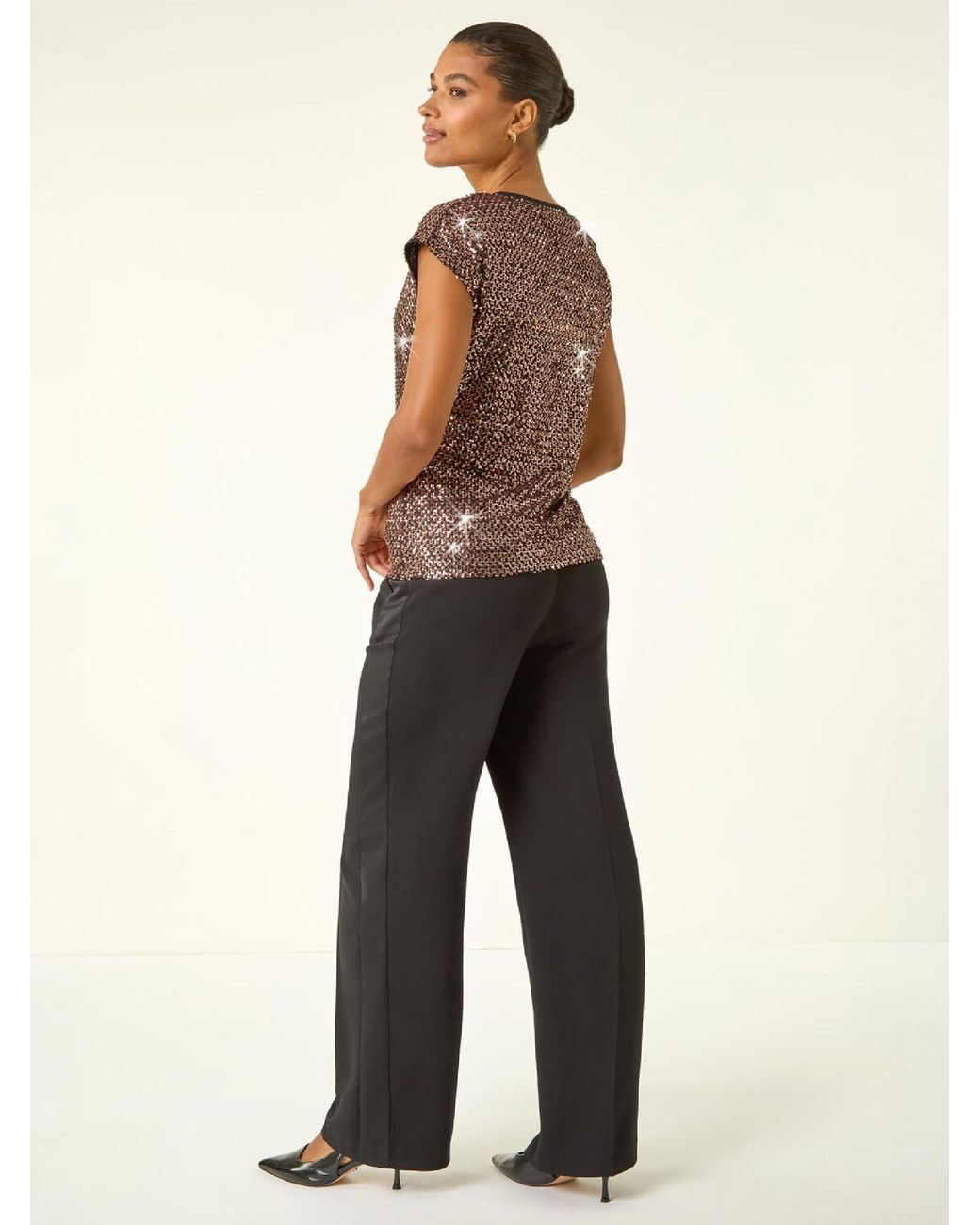 Roman Green Sequin V-Neck Stretch Top