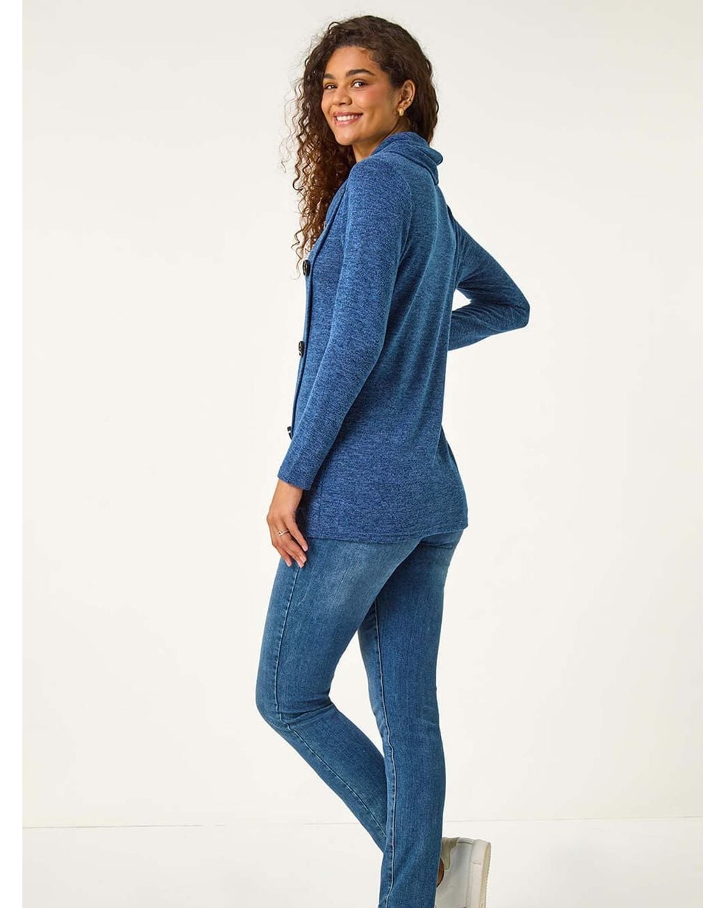 Roman Blue Cowl Neck Buttoned Top