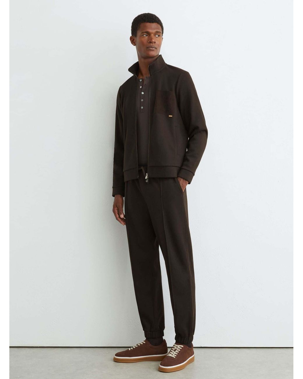 Reiss Black Herringbone Patch-Pocket Zip-Through for men