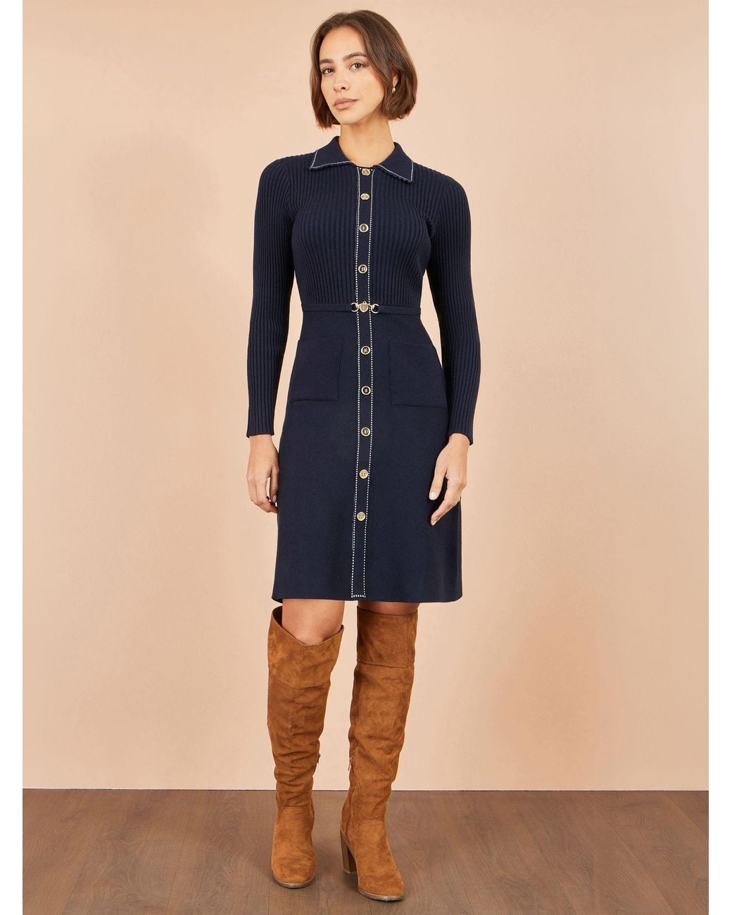 Yumi' Rib Knit Skater Shirt Dress in Blue | Lyst