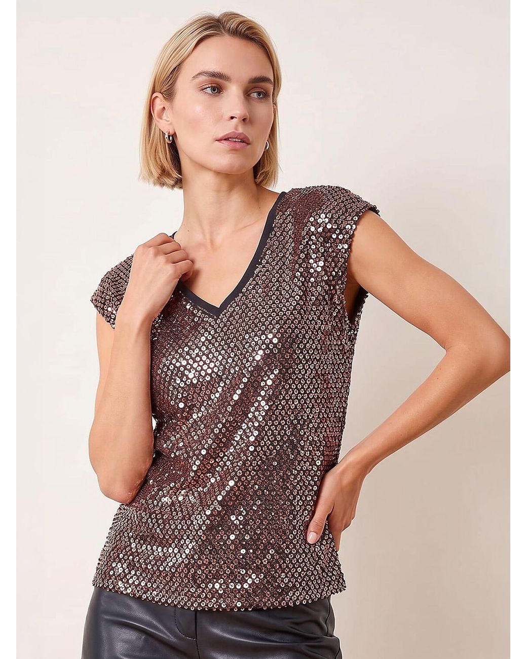 Roman Green Sequin V-Neck Stretch Top