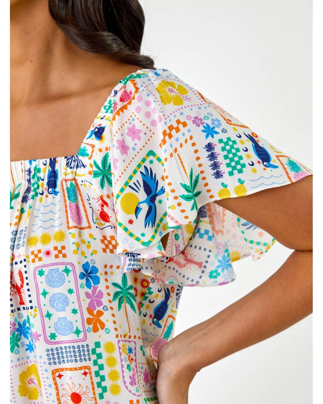 Roman White Patchwork Palm Ruffle Shirt