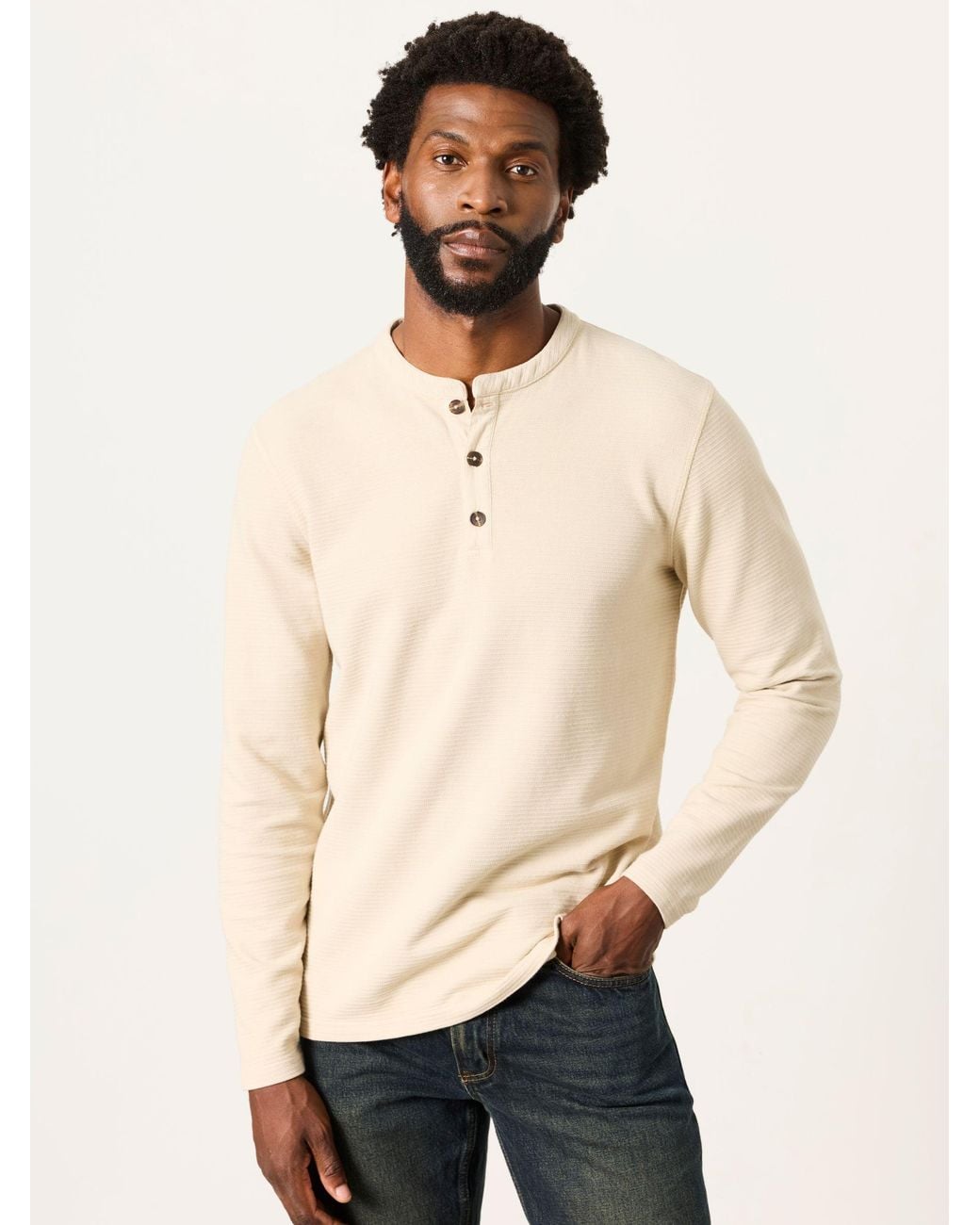FatFace Natural Henley Long Sleeve Textured T-Shirt for men