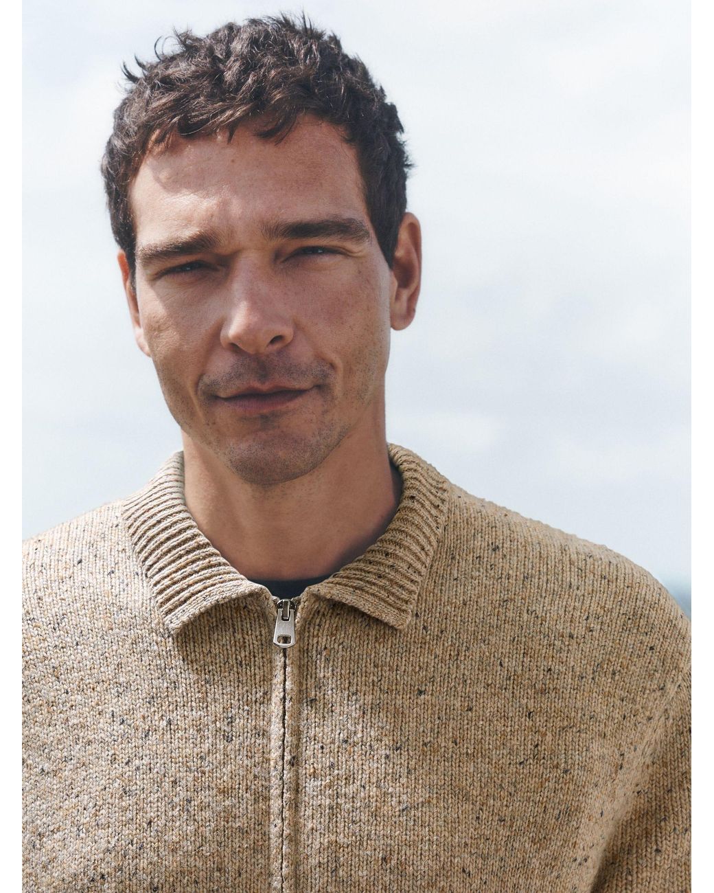 Next Natural Neutral Zip Up Knitted Jacket With Wool for men