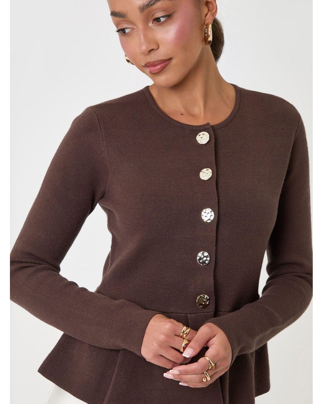 Threadbare Brown Crew Neck Peplum Cardigan