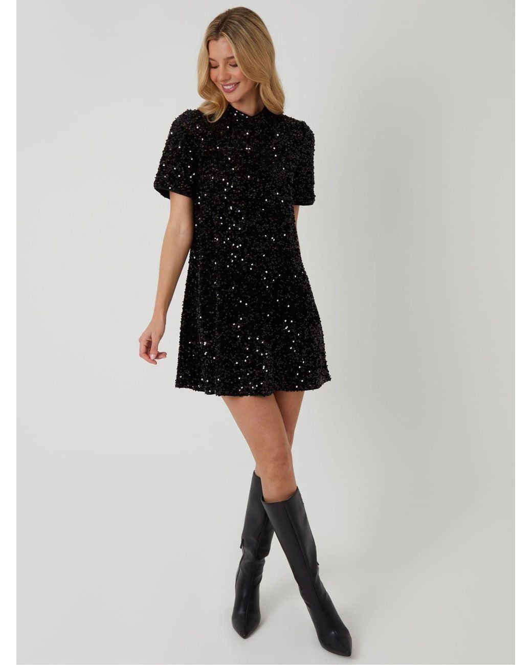 Threadbare Black High Neck Sequin Velour Mini Dress
