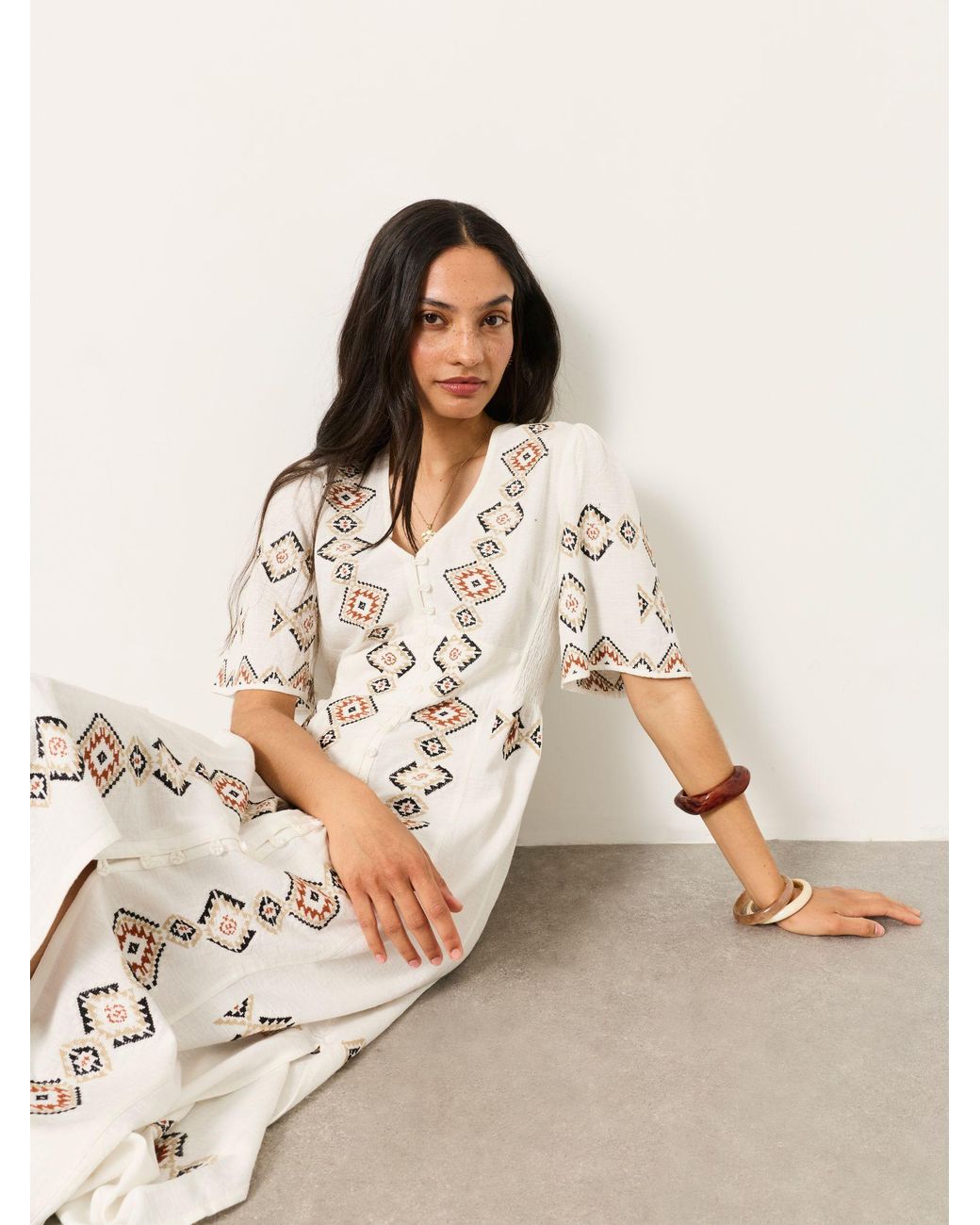 FatFace Natural Solene Petite Embroidered Midi Dress