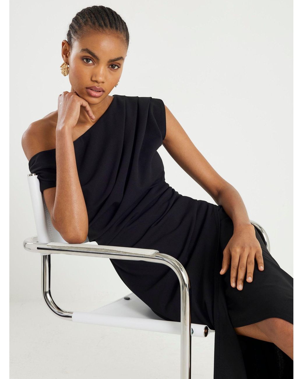 navy blue dress for baby girl Asymmetric Drape Midi Dress, Black | JOLIE MOI main image 0