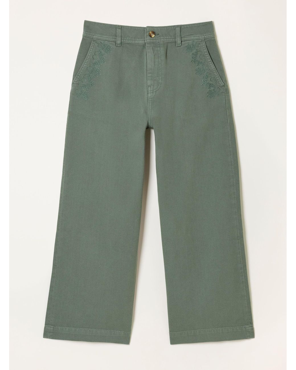 FatFace Green Hove Embroidered Wide Leg Crop Trouser