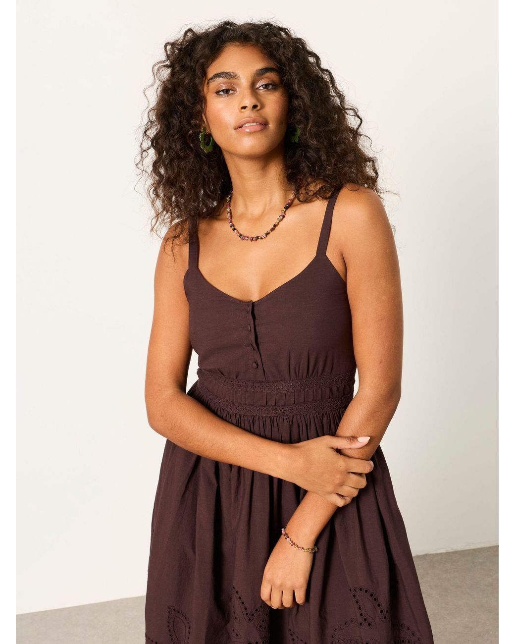 FatFace Brown Teri Embroidered Midi Dress