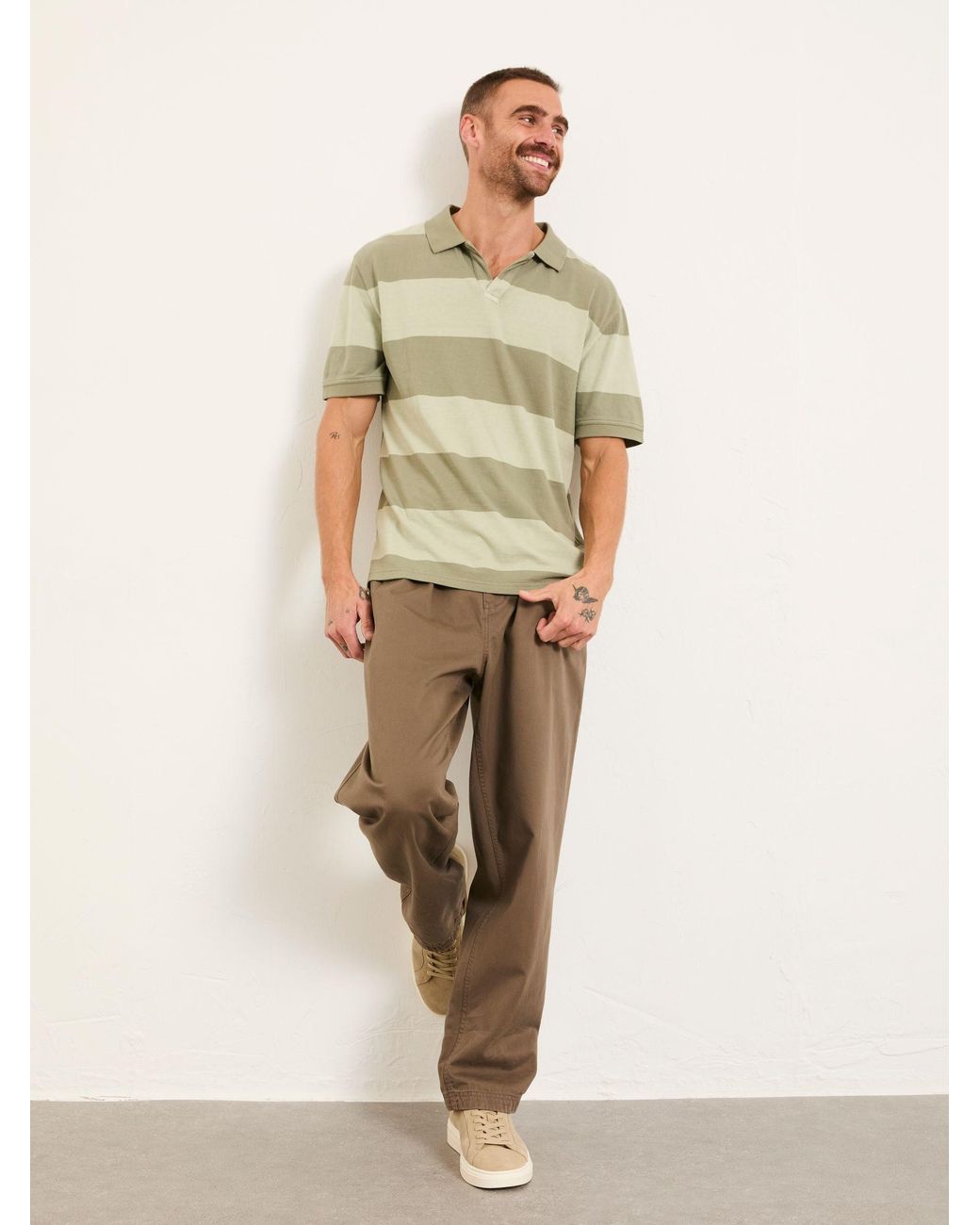 FatFace Green Ashton Relaxed Fit Rugby Stripe Notch Polo for men