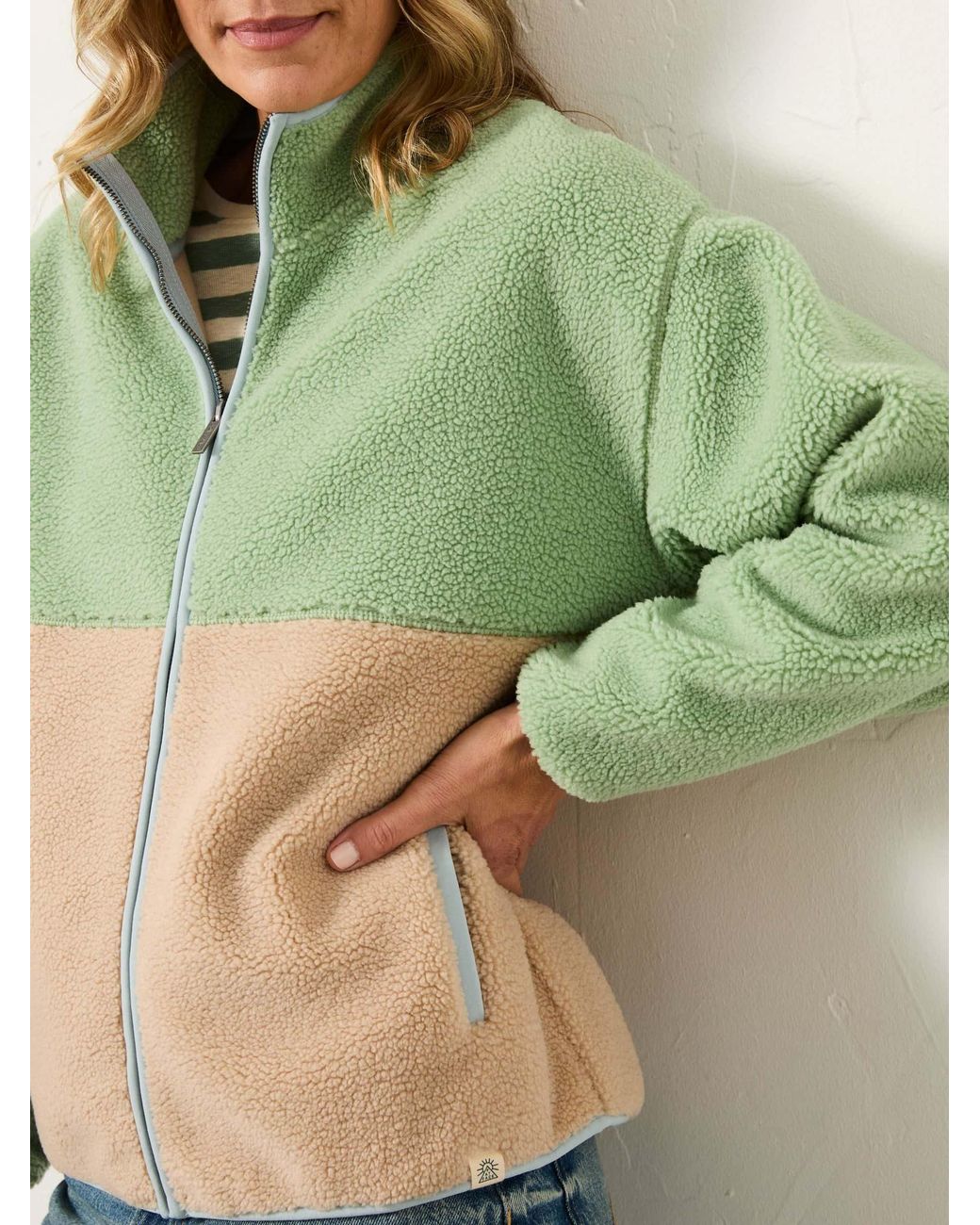 FatFace Green Colour Block Zip Through Fleece