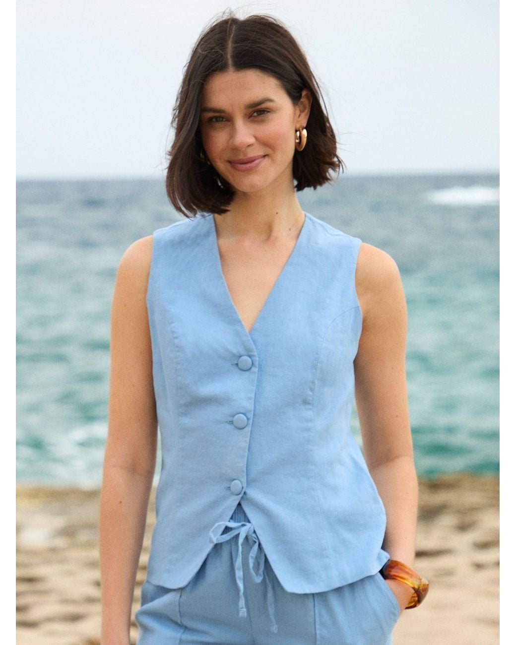 Threadbare Blue Linen Blend V-Neck Waistcoat