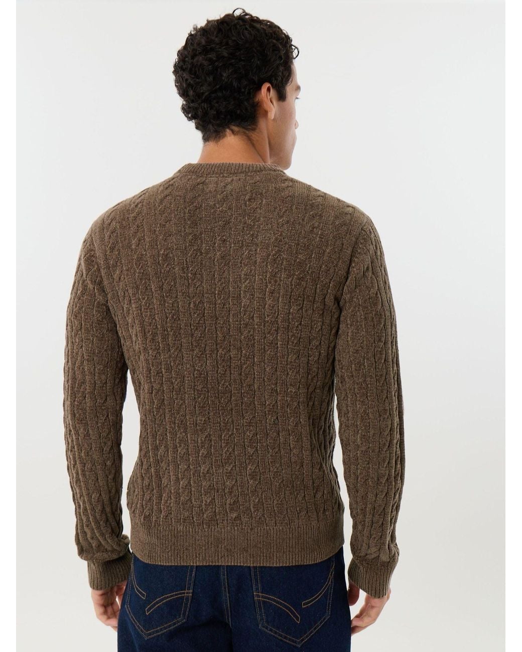 Threadbare Brown Fluffy Cable Knit Crew Neck Jumper for men