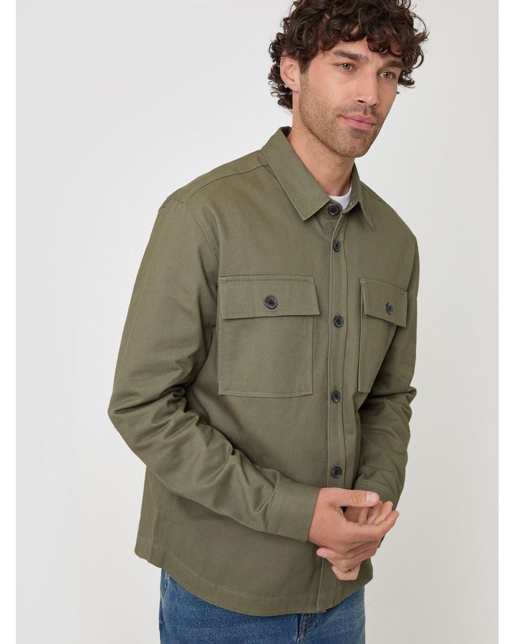Threadbare Green Cotton Twill Shacket With Pockets for men
