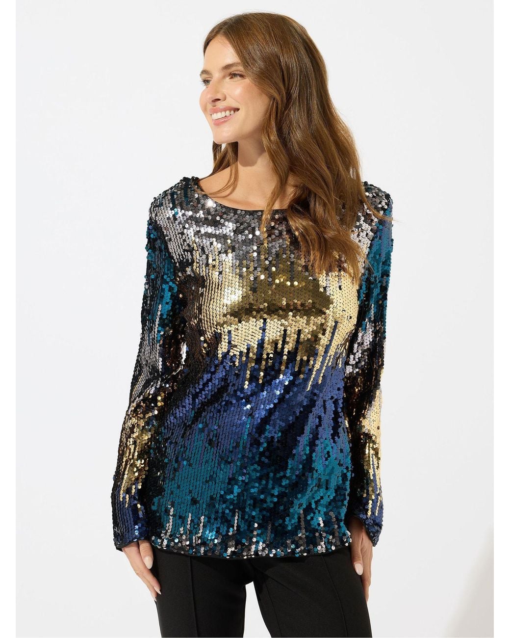 M Com Black Ombre Large Sequin Bow Back Top